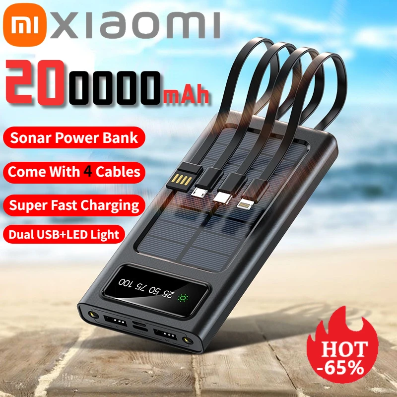 Xiaomi 200000mAh Solar Power Bank Large Capacity Mobile Power Fast Charging Battery With Dual USB 4 Cables For iPhone Samsung Xiaomi 200000mAh Solar Power Bank Large Capacity Mobile Power Fast Charging Battery With Dual USB 4 Cables For iPhone Samsung