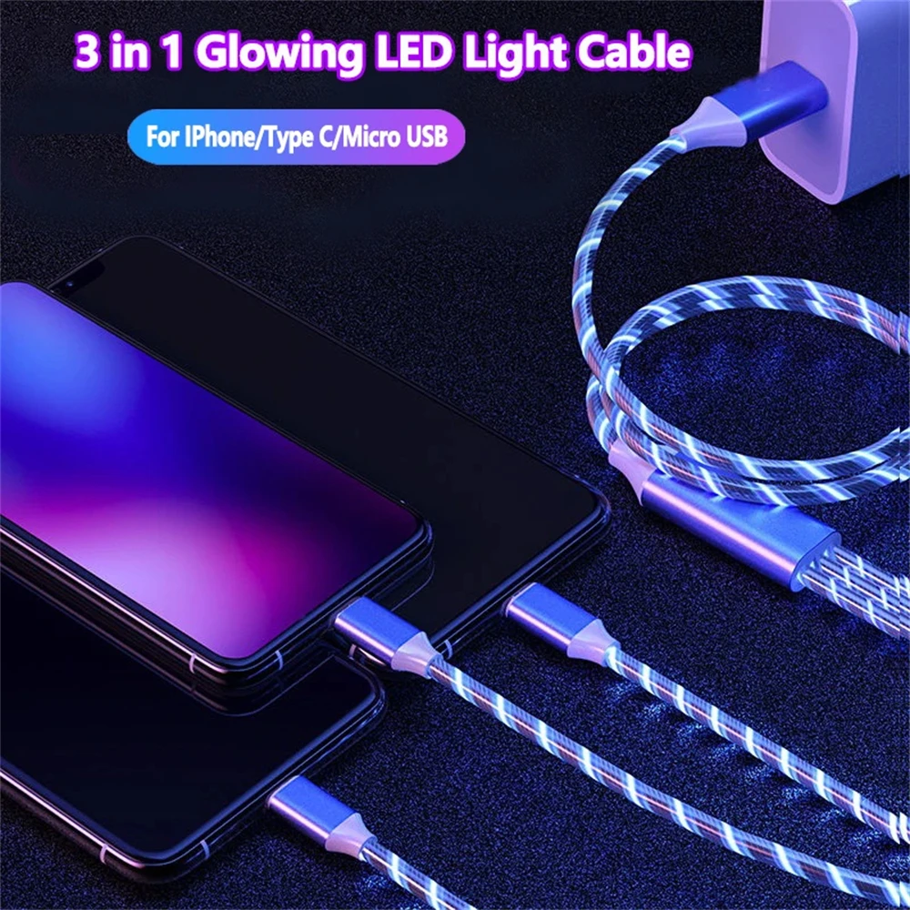 NNBILI Glowing LED Light USB 3 IN 1 cable Phone Fast Charging Charger Luminous Type C Cable For Xiaomi iPhone Phone Accessories